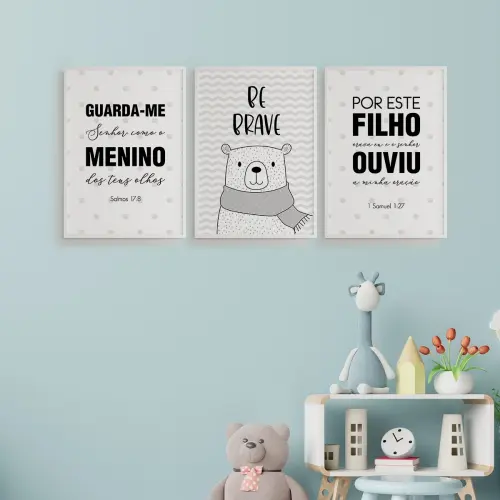 Urso escandinavo - Be Brave - Por este filho orava eu - Guarda-me senhor - Trio de Artes Digitais para Quadros Decorativos