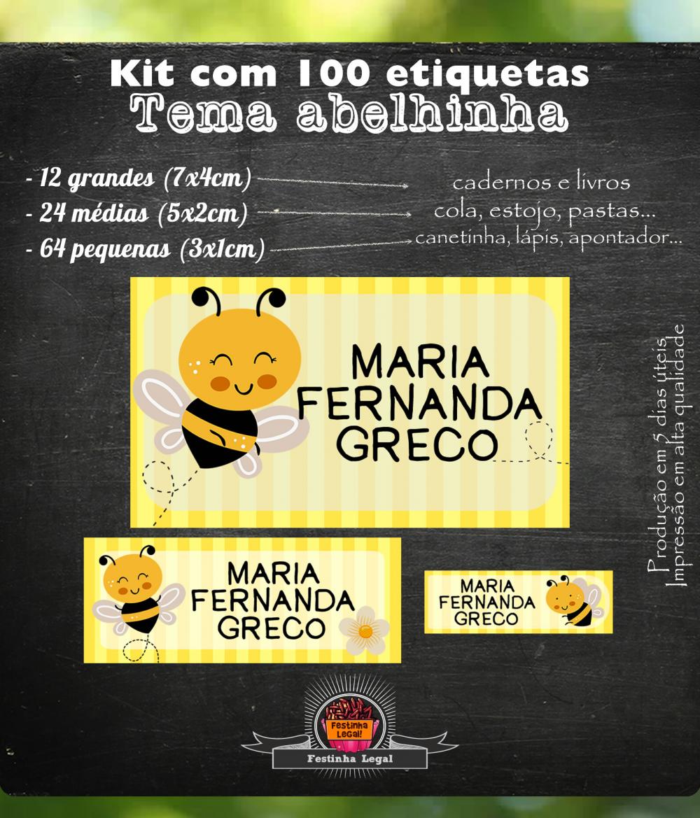 Kit 100 etiquetas escolares abelhinha