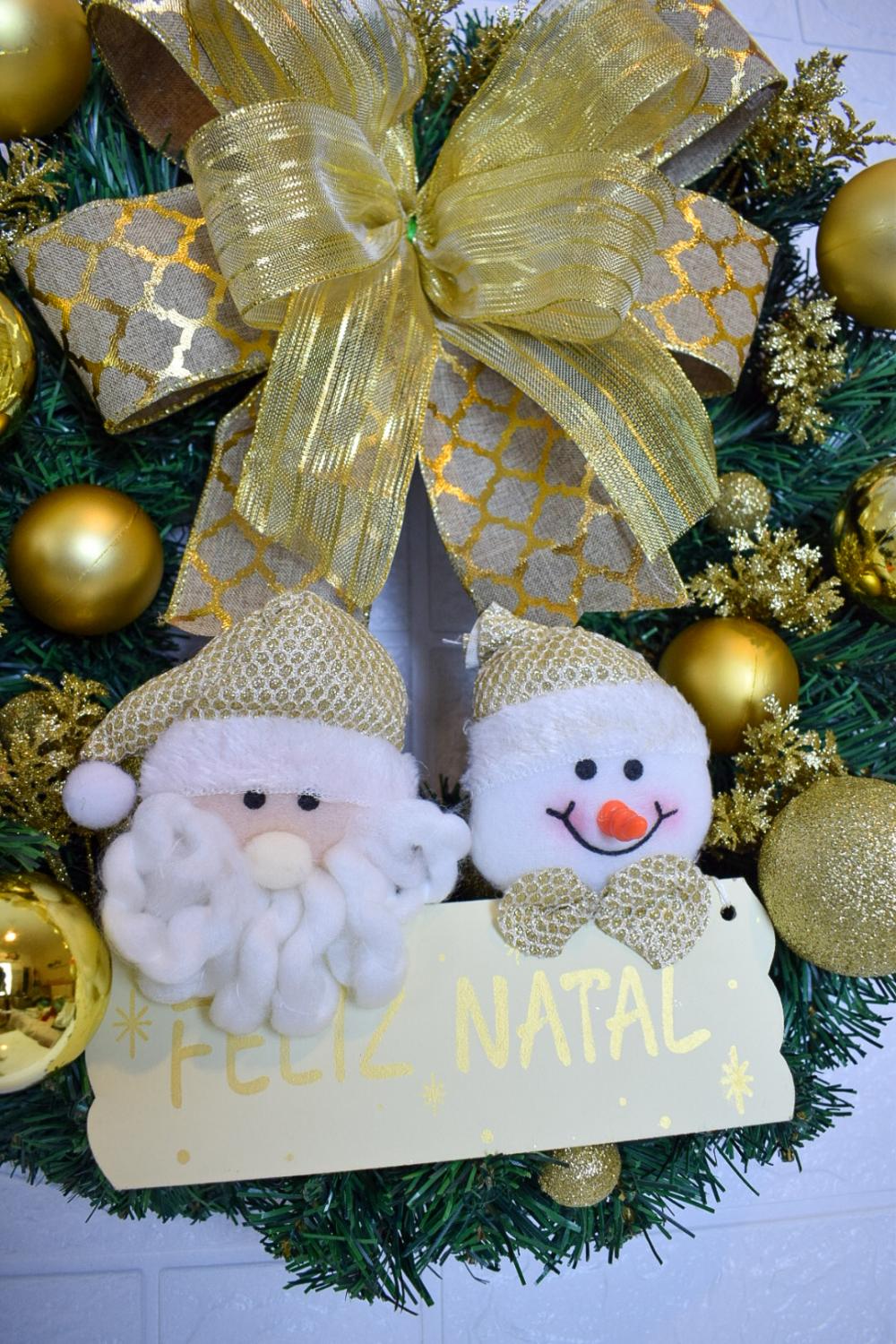 Guirlanda de Natal Dourada com Papai Noel e Boneco de Neve com Le