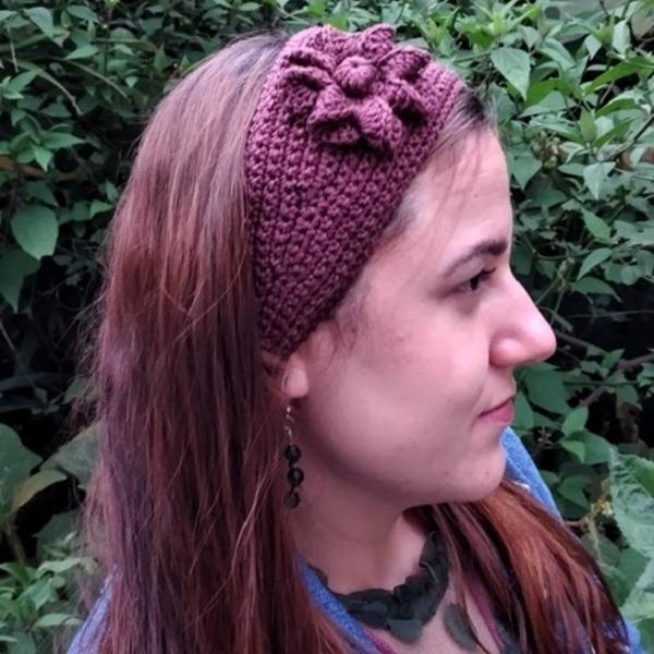 Faixa para cabelo em crochê - headband - marrom com flor