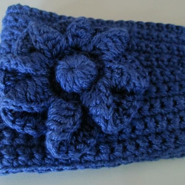 Faixa para cabelo em crochê - headband - azul com flor