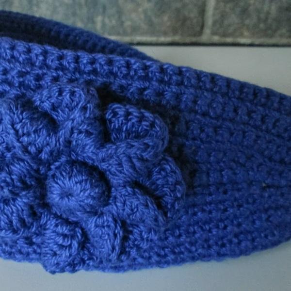 Faixa para cabelo em crochê - headband - azul com flor