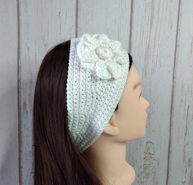 Faixa para cabelo em crochê - headband - branca com flor