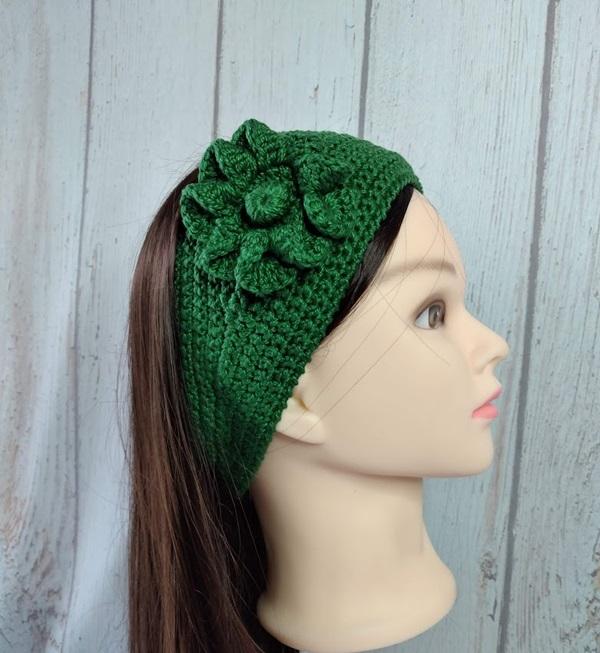 Faixa para cabelo em crochê - headband - verde com flor