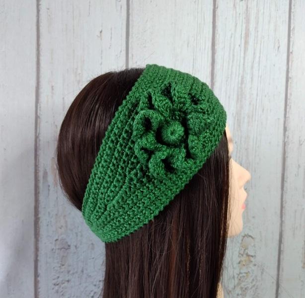 Faixa para cabelo em crochê - headband - verde com flor