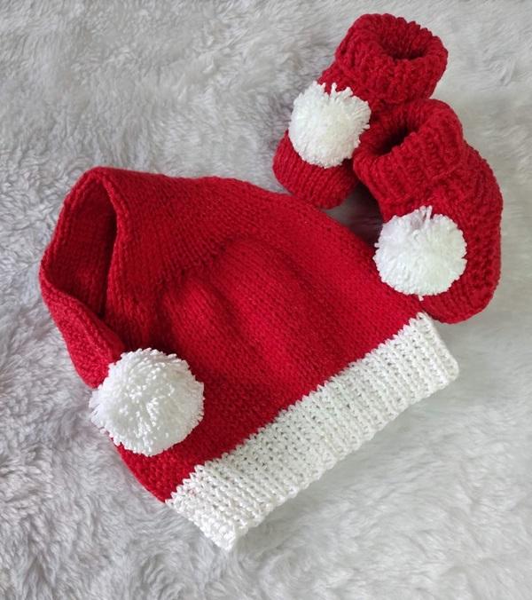 Gorro e sapatinho papai noel infantil em tricô -