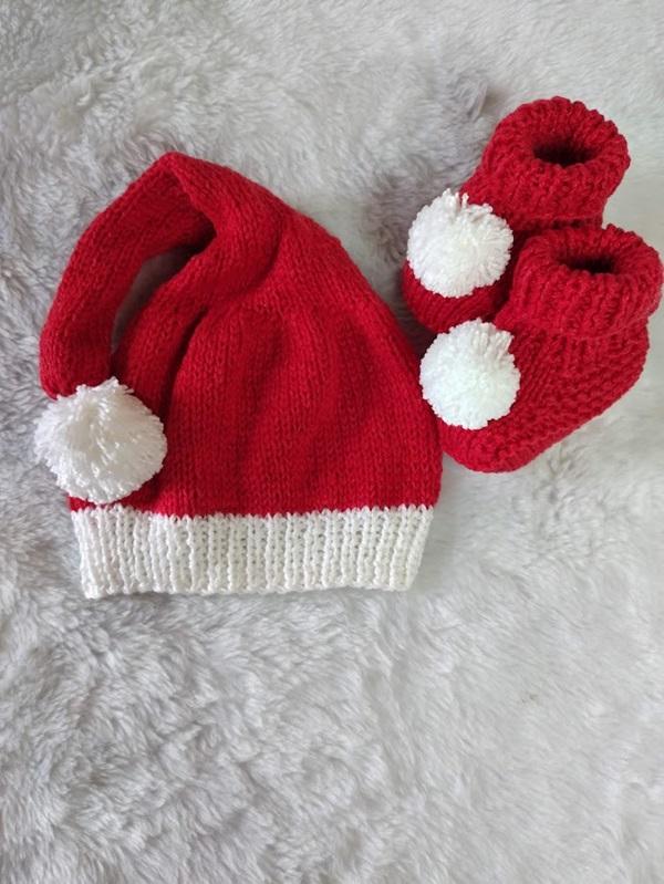 Gorro e sapatinho papai noel infantil em tricô -