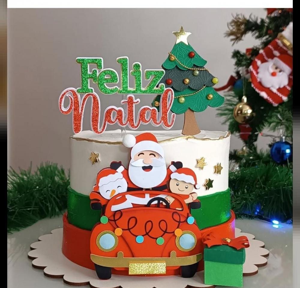 topo de bolo feliz natal papai noel no carrinho