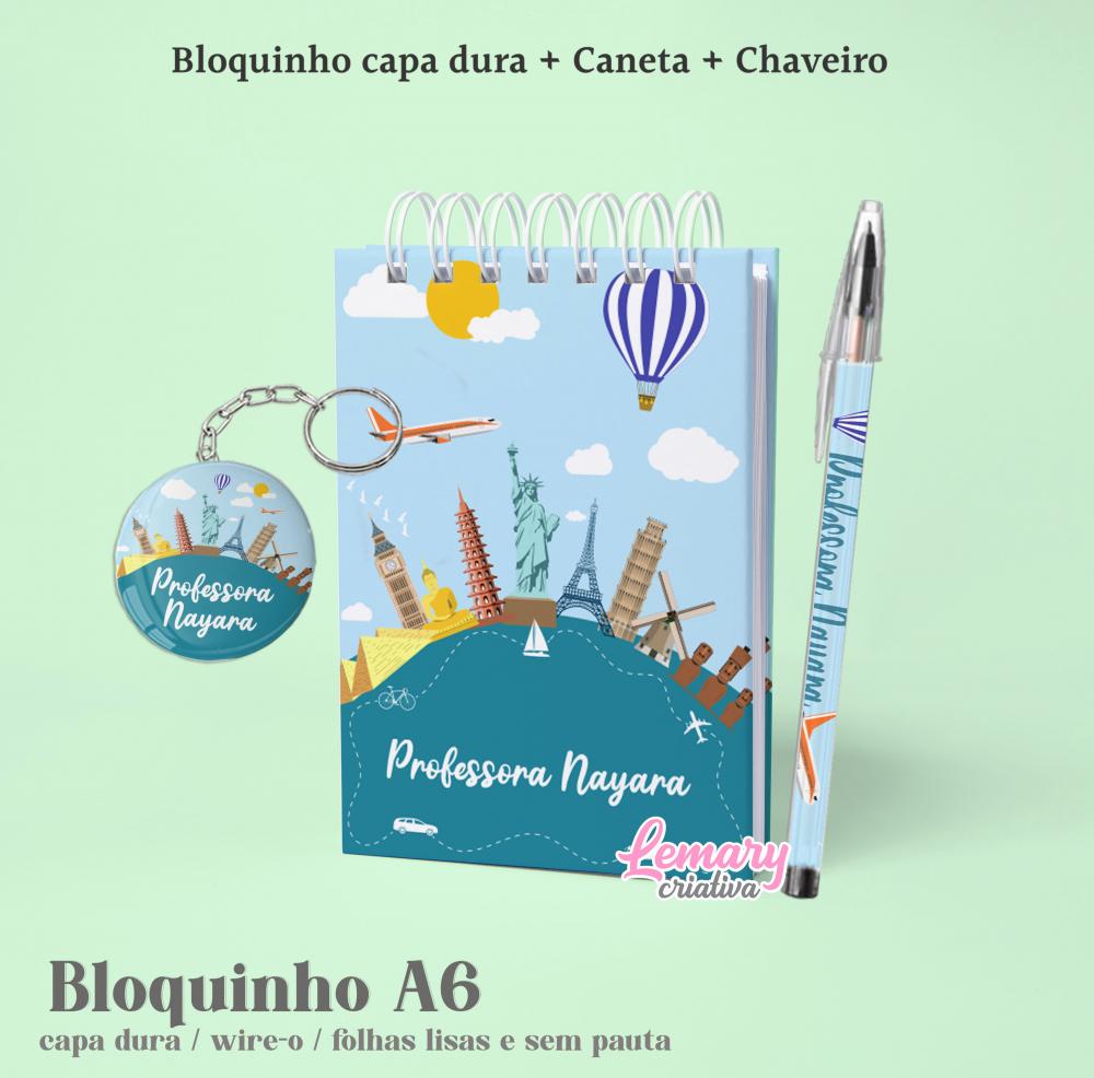 Kit Bloco Volta ao mundo 10x15cm com Chaveiro e Caneta