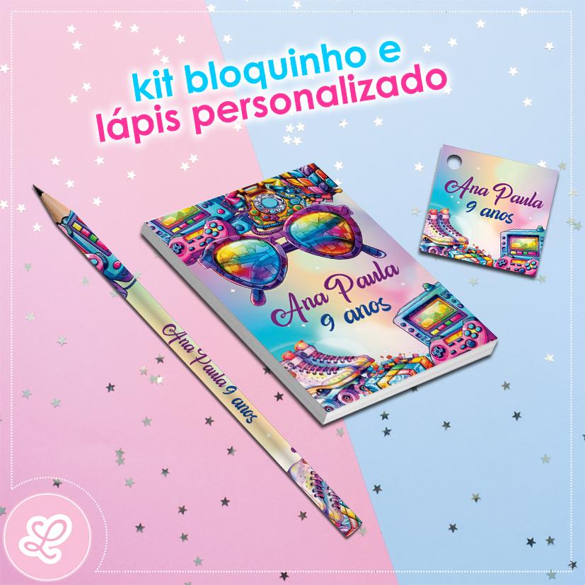 Kit Bloquinho Lápis e Tag Anos 90's Retrô  Mod.001 (20un)