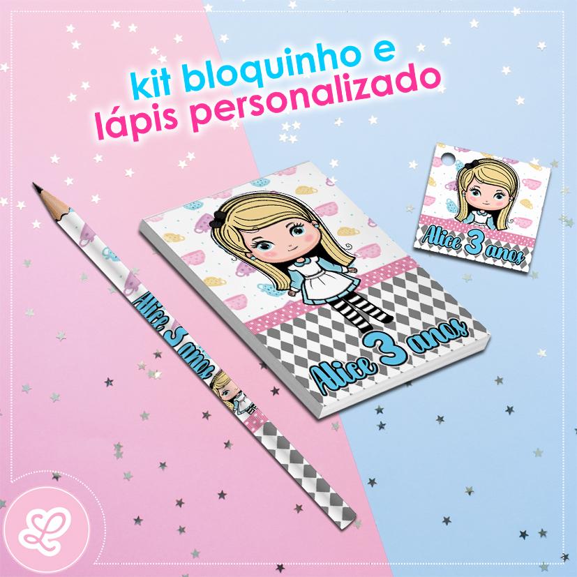 Kit Bloquinho Lápis e Tag Alice no país das maravilhas  Mod.002