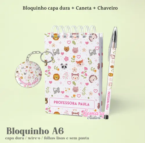 Kit Bloco Animais cute 10x15cm com Chaveiro e Caneta Mod.0001 (10un.)