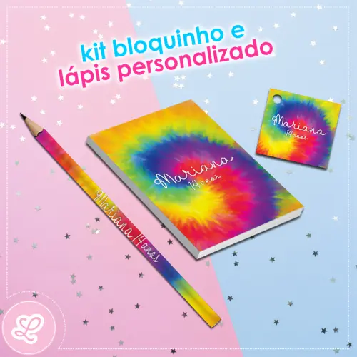 Kit Bloquinho Lápis e Tag Tie Dye Mod.013 (20un)