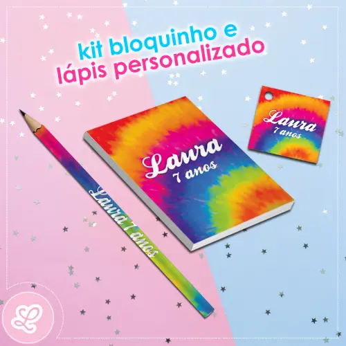 Kit Bloquinho Lápis e Tag Tie Dye Mod.014 (20un)