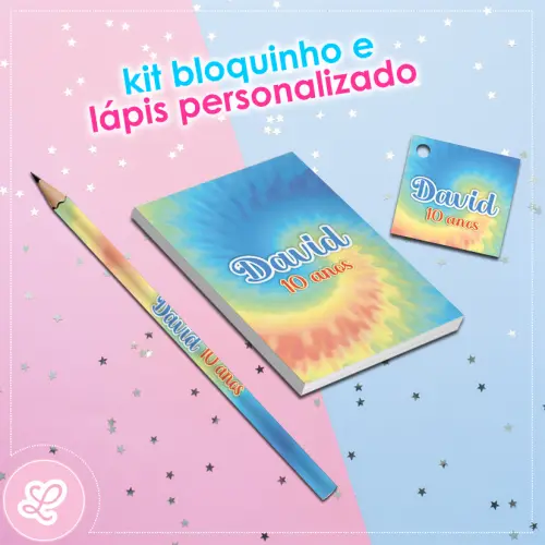 Kit Bloquinho Lápis e Tag Tie Dye Mod.017 (20un)