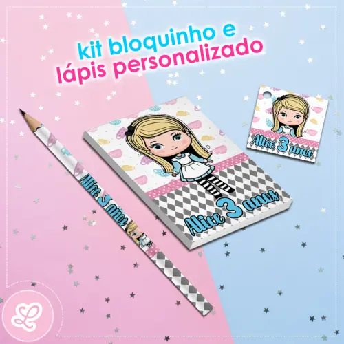 Kit Bloquinho Lápis e Tag Alice no país das maravilhas  Mod.002 (20un)