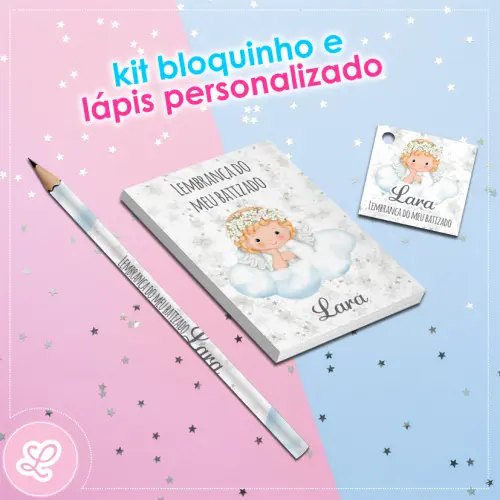 Kit Bloquinho Lápis e Tag Batizado Mod.001 (20un)