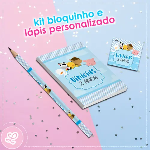 Kit Bloquinho Lápis e Tag Fazendinha Mod.002 (20un)