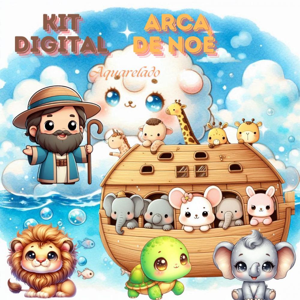 Kit Digital Arca de Noé em Estilo Aquarela Kawaii