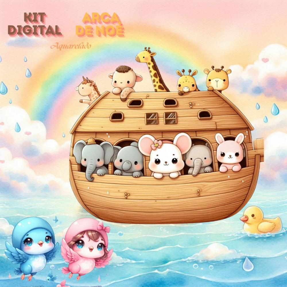 Kit Digital Arca de Noé em Estilo Aquarela Kawaii