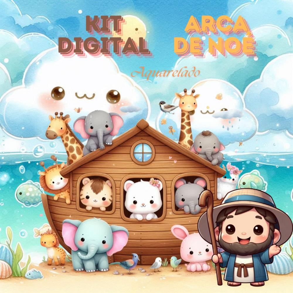 Kit Digital Arca de Noé em Estilo Aquarela Kawaii