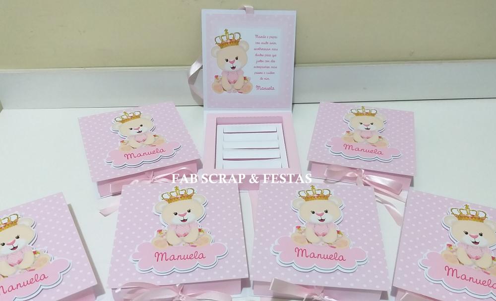 Caixa Convite Padrinhos 5 Batons chocolate Ursinha Princesa