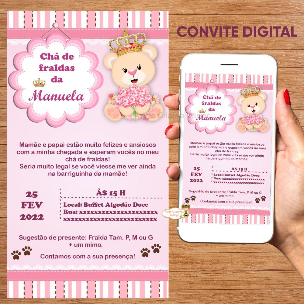 Convite digital chá de fraldas ursinha princesa