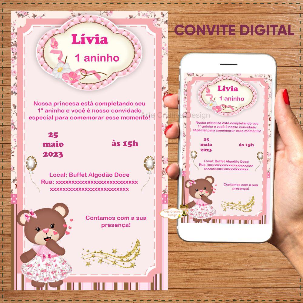 Convite digital aniversário infantil ursinha