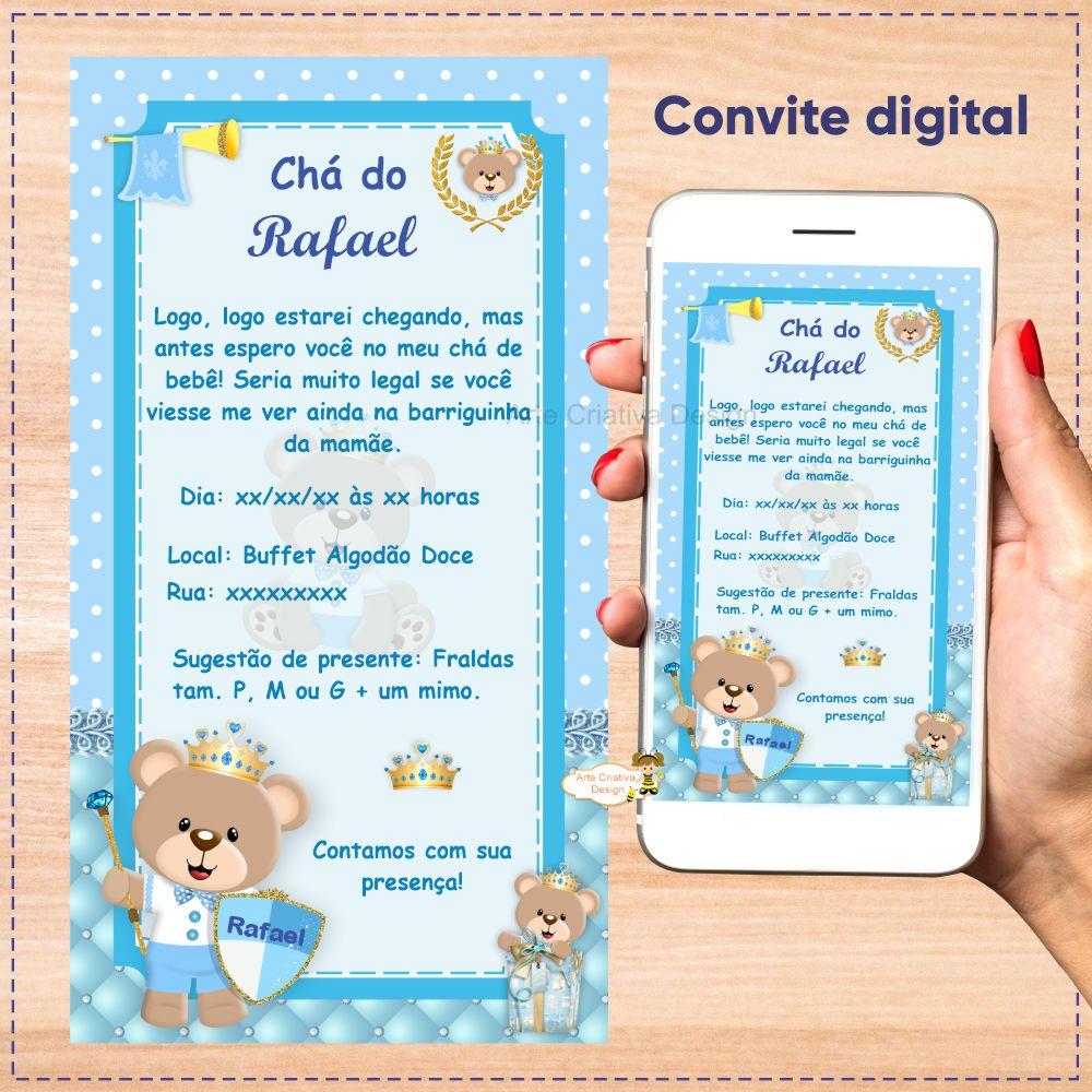 Convite digital aniversário infantil ursinho príncipe