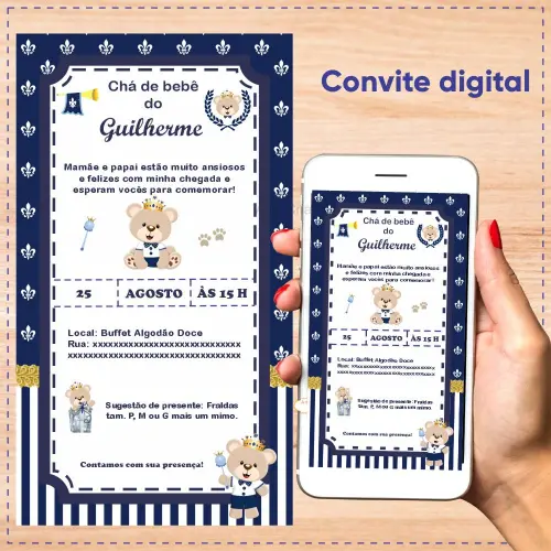 Convite digital aniversário infantil ursinho príncipe