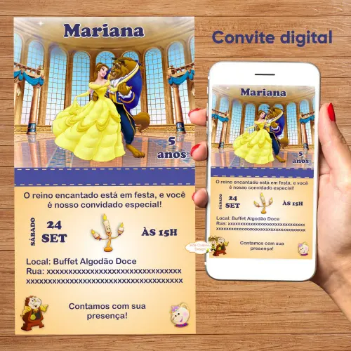 Convite digital aniversário infantil A bela e a fera