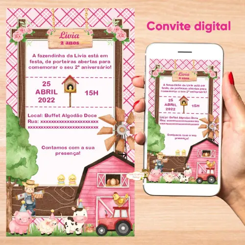 Convite digital aniversário fazendinha menina