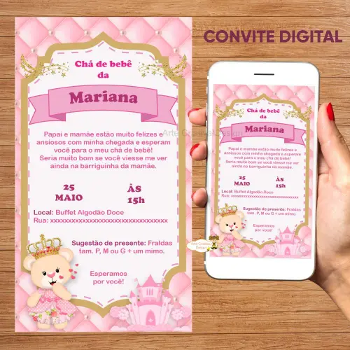 Convite digital chá de fraldas ursinha princesa