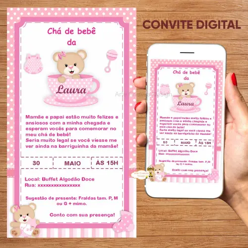 Convite digital chá de fraldas ursinha