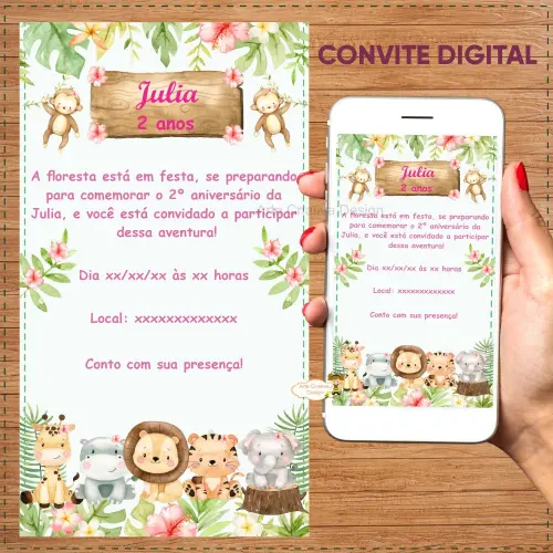 Convite digital aniversário infantil safari menina