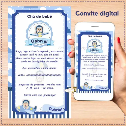 Convite digital chá de bebê ursinho aviador