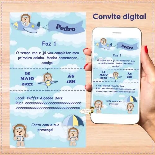 Convite digital ursinho aviador