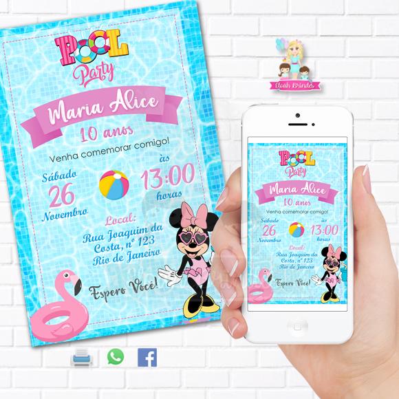 Convite Digital Minnie Pool Party ou Minnie Rosa ou Vermelho