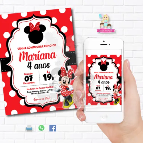 Convite Digital Minnie Pool Party ou Minnie Rosa ou Vermelho