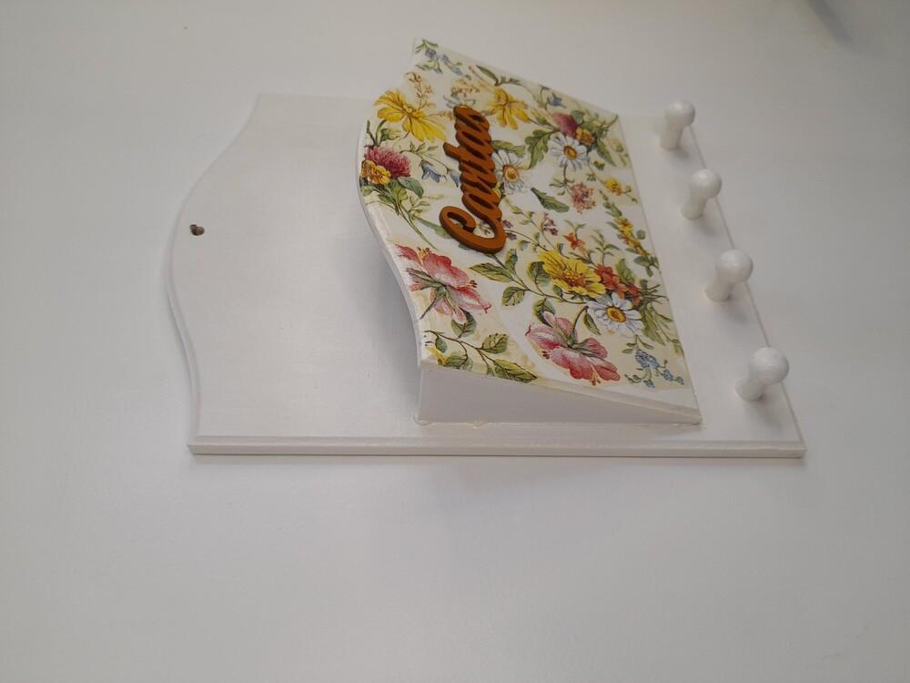 Porta Carta / Chave em mdf Branco Detalhe Floral