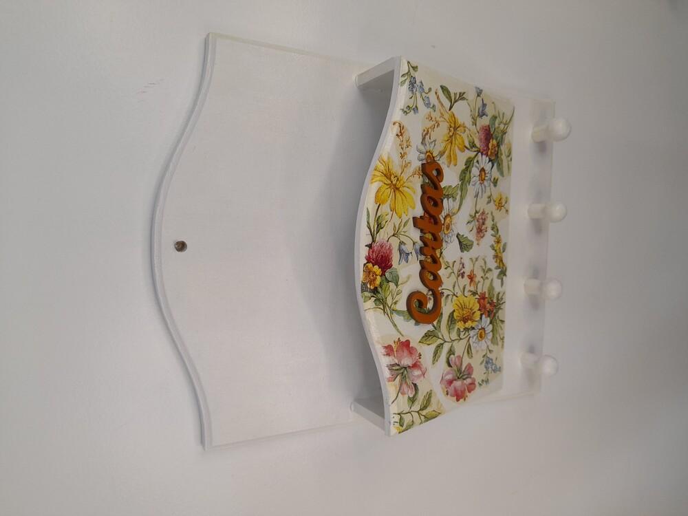 Porta Carta / Chave em mdf Branco Detalhe Floral