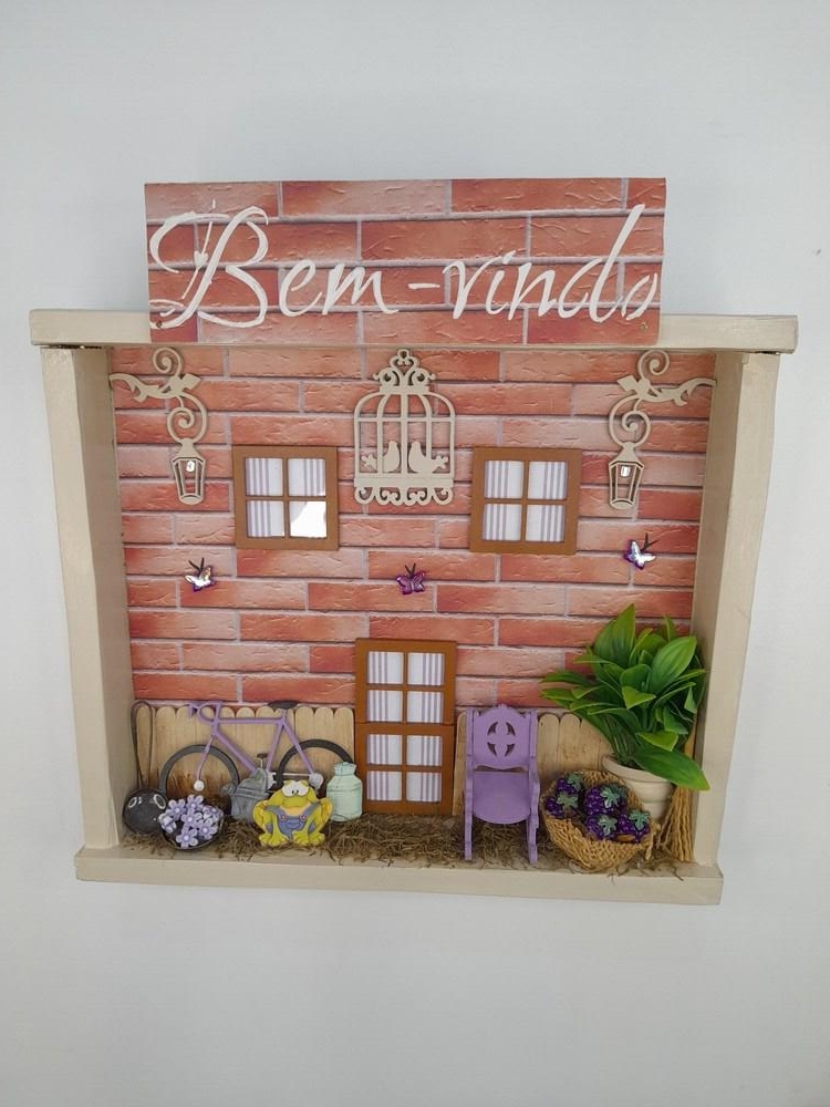 Placa Bem Vindo de Madeira Decorado Tijolinho