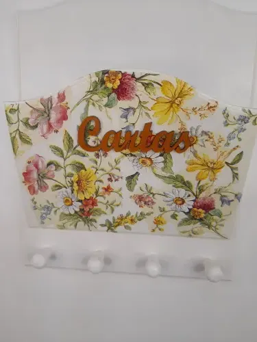 Porta Carta / Chave em mdf Branco Detalhe Floral