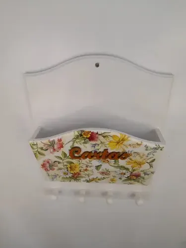 Porta Carta / Chave em mdf Branco Detalhe Floral