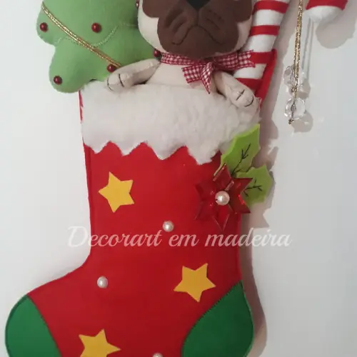 Enfeite bota de natal em feltro Pug