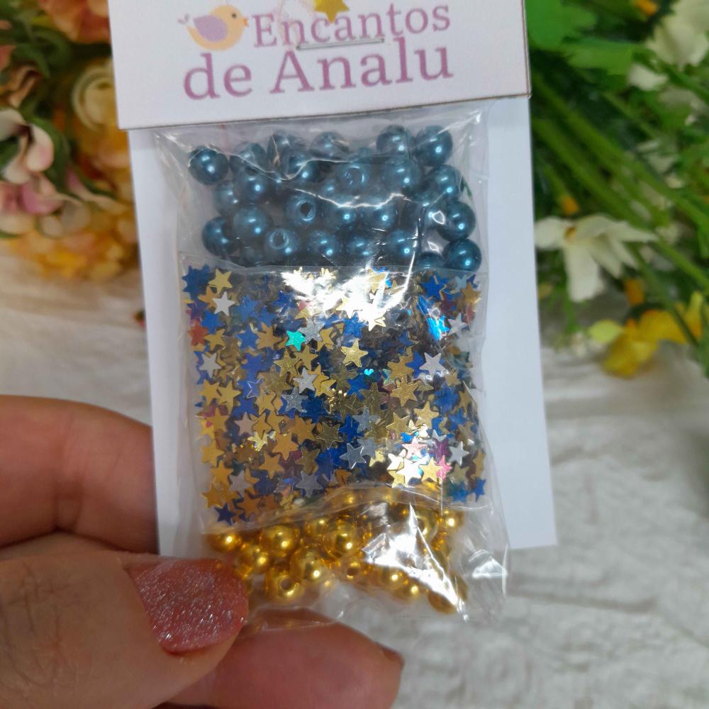 Kit Pérolas e Lantejoulas - Azul com Dourado - 15 grs total