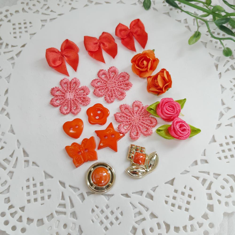 Kit de Embellishments para Artesanato e Scrapbook tons laranja e 