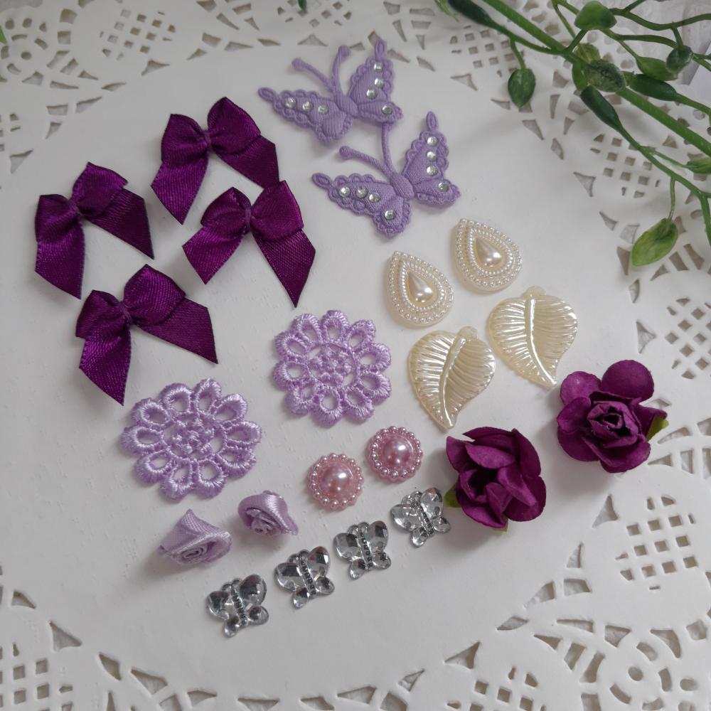 Kit de Embellishments para Artesanato e Scrapbook tons roxo e lil