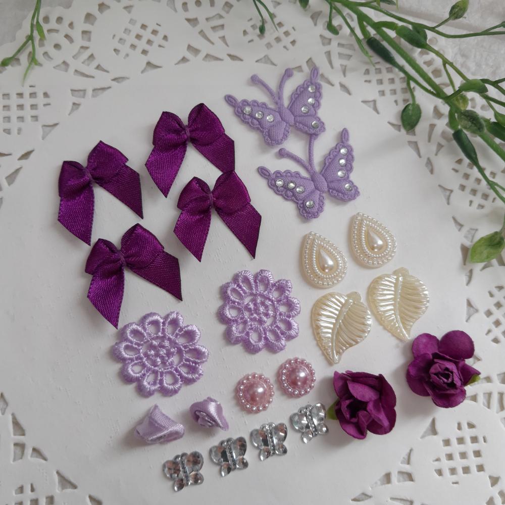 Kit de Embellishments para Artesanato e Scrapbook tons roxo e lil