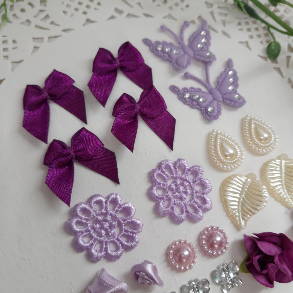 Kit de Embellishments para Artesanato e Scrapbook tons roxo e lil